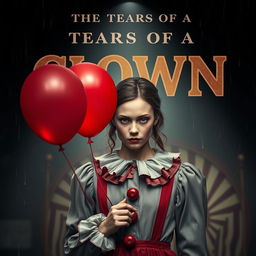 a documentary film poster featuring a young woman dressed as a clown with a somber expression, holding a red balloon