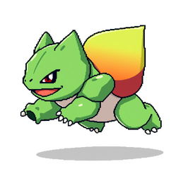 A full-body sprite of a Bulbasaur running to the right on all four legs