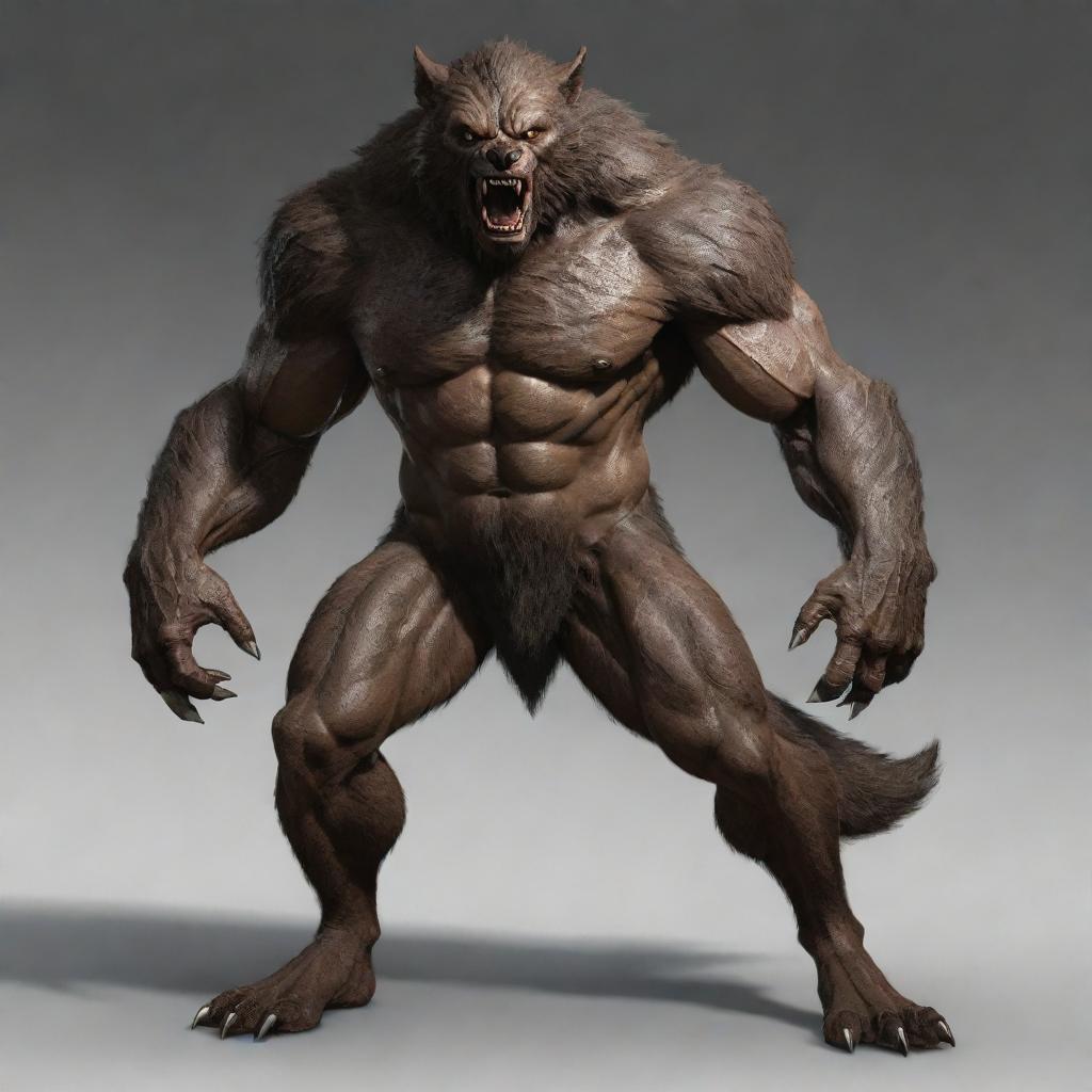 Improve the image of the werewolf, increasing the proportions and muscularity of its body, while the armor adjusts to suit its greater size, enhancing the creature's formidable presence.