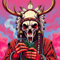 1980s anime style depiction of a Native American shaman, featuring a detailed skull adorned with antlers