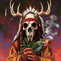 1980s anime style depiction of a Native American shaman, featuring a detailed skull adorned with antlers