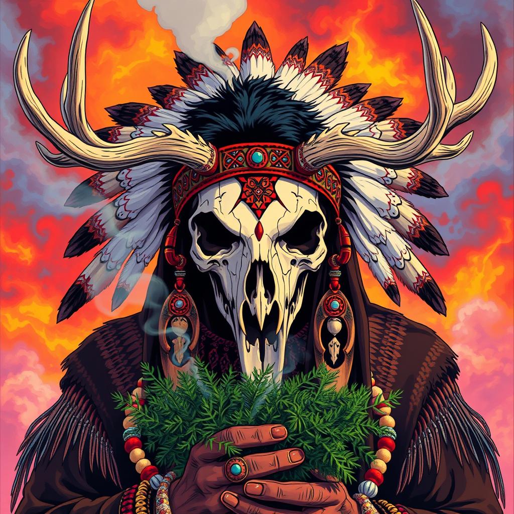 1980s anime style depiction of a Native American shaman, featuring a detailed skull adorned with antlers