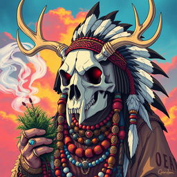 1980s anime style depiction of a Native American shaman, featuring a detailed skull adorned with antlers