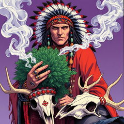 A 1980s anime style illustration of a Native American shaman adorned with native beads and rings