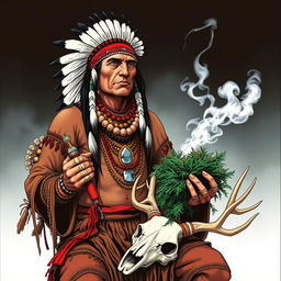 A 1980s anime style illustration of a Native American shaman adorned with native beads and rings