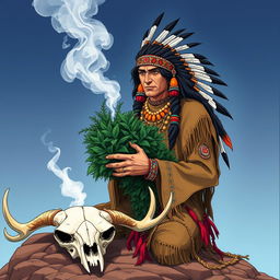 A 1980s anime style illustration of a Native American shaman adorned with native beads and rings