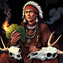 A 1980s anime style illustration of a Native American shaman adorned with native beads and rings