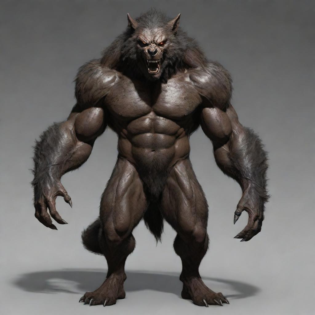 Improve the image of the werewolf, increasing the proportions and muscularity of its body, while the armor adjusts to suit its greater size, enhancing the creature's formidable presence.