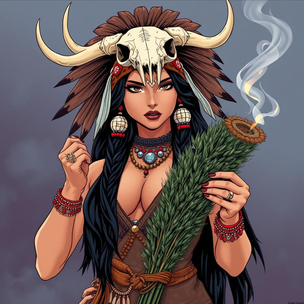 1980s anime style depiction of a sexy Native American shaman