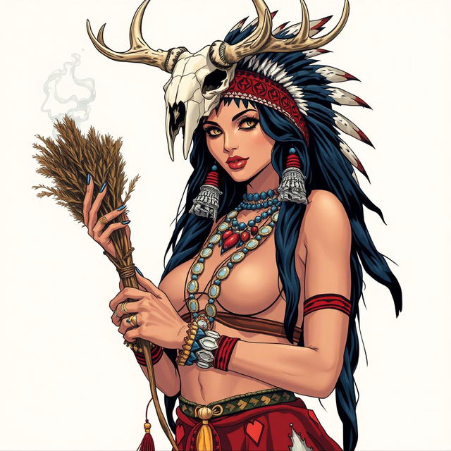 1980s anime style depiction of a sexy Native American shaman