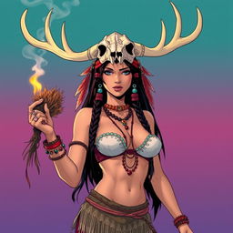 1980s anime style depiction of a sexy Native American shaman