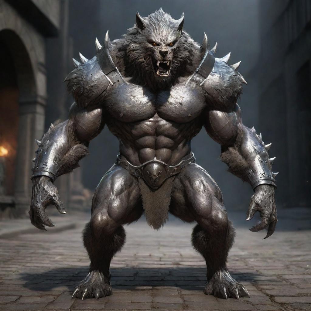 Modify the image of the werewolf, now clad in a heavy, impenetrable metal armor designed to fit its increased dimensions and muscularity, enhancing its aura of menacing strength.