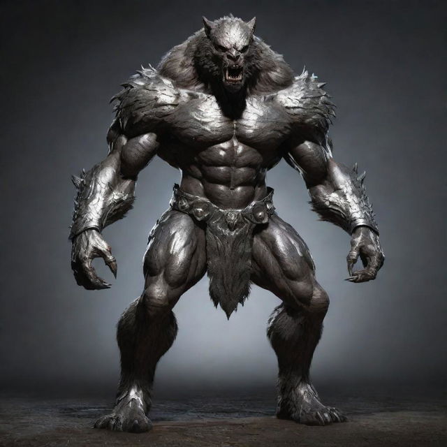 Modify the image of the werewolf, now clad in a heavy, impenetrable metal armor designed to fit its increased dimensions and muscularity, enhancing its aura of menacing strength.