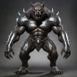 Modify the image of the werewolf, now clad in a heavy, impenetrable metal armor designed to fit its increased dimensions and muscularity, enhancing its aura of menacing strength.