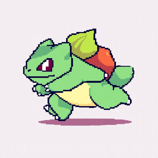 A 16x16 pixel art sprite of Bulbasaur running to the right