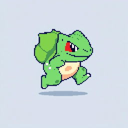 A 16x16 pixel art sprite of Bulbasaur running to the right