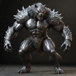 Modify the image of the werewolf, now clad in a heavy, impenetrable metal armor designed to fit its increased dimensions and muscularity, enhancing its aura of menacing strength.