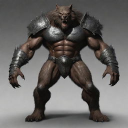 Enlarge the heavy, metal armor worn by the werewolf. The armor now looks even bulkier and more formidable, being perfectly fitted to the werewolf's increased dimensions and muscularity.