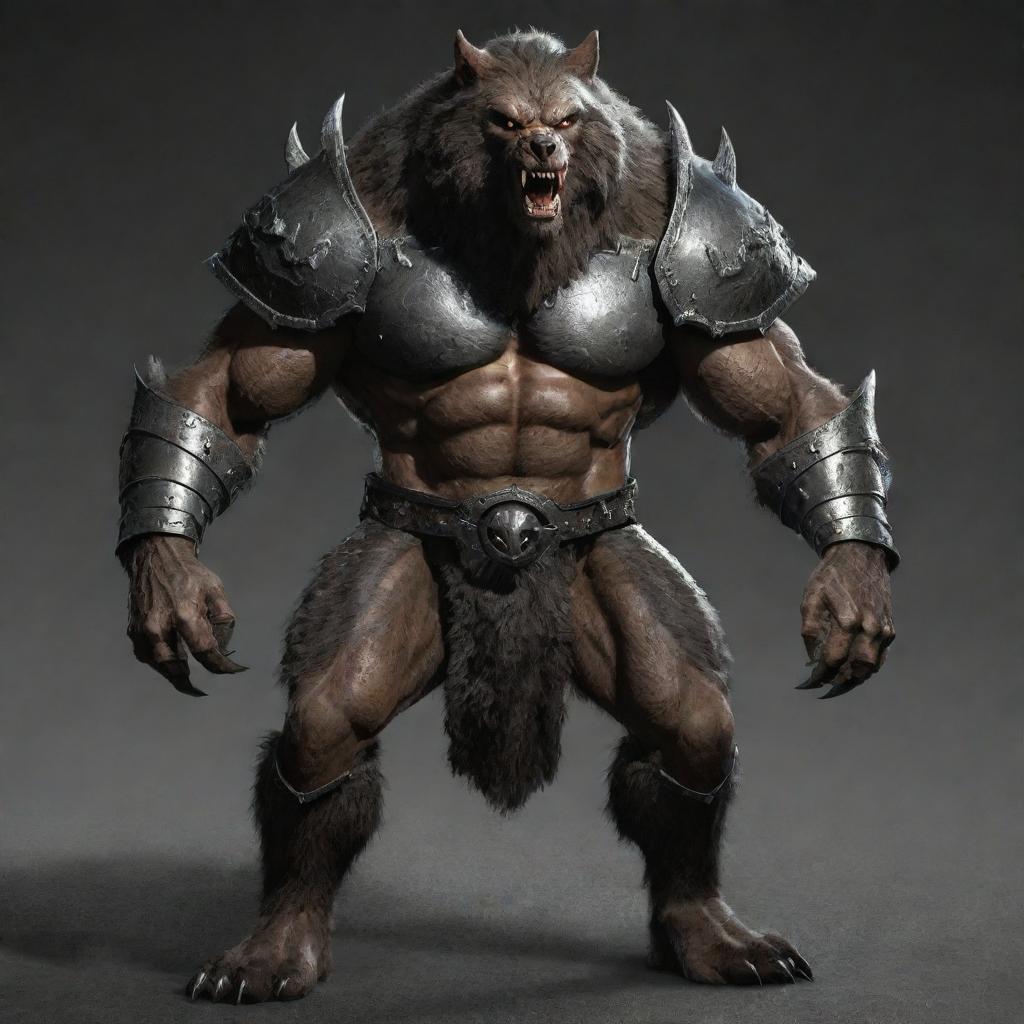 Enlarge the heavy, metal armor worn by the werewolf. The armor now looks even bulkier and more formidable, being perfectly fitted to the werewolf's increased dimensions and muscularity.