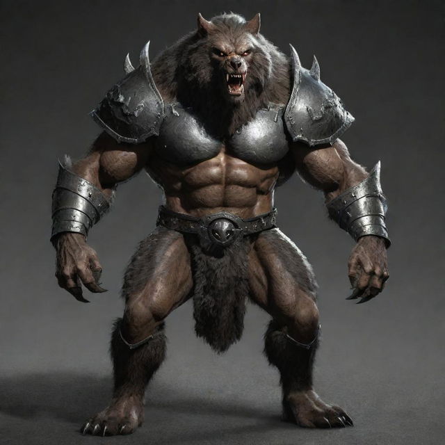 Enlarge the heavy, metal armor worn by the werewolf. The armor now looks even bulkier and more formidable, being perfectly fitted to the werewolf's increased dimensions and muscularity.