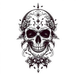 A detailed and intricate skull design for a T-shirt, capturing a gothic and artistic vibe