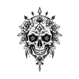 A detailed and intricate skull design for a T-shirt, capturing a gothic and artistic vibe