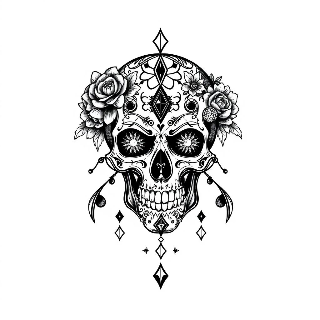 A detailed and intricate skull design for a T-shirt, capturing a gothic and artistic vibe