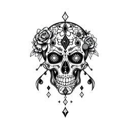 A detailed and intricate skull design for a T-shirt, capturing a gothic and artistic vibe