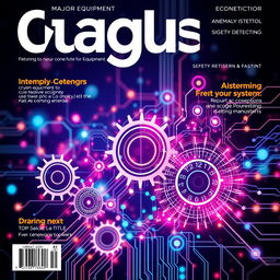 A high-resolution magazine cover design focusing on major equipment, cyber-physical systems, anomaly detection, and safety control