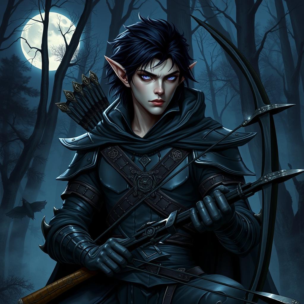 A formidable male Eladrin elf Gloom Stalker from Dungeons & Dragons, showcasing a stealthy, mysterious aura