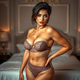 A stunning and confident woman posing in elegant lingerie, showcasing her attractive and voluptuous figure