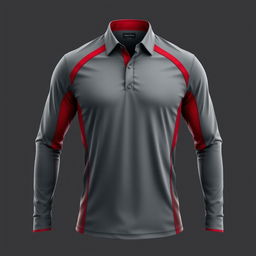 A long-sleeve collared sports shirt with an elegant sporty design, featuring a sleek gray and red color scheme