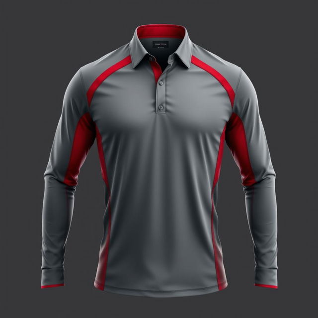 A long-sleeve collared sports shirt with an elegant sporty design, featuring a sleek gray and red color scheme