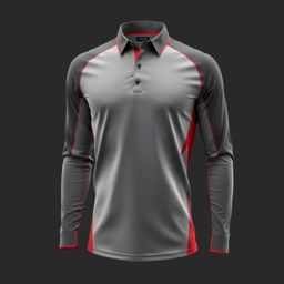 A long-sleeve collared sports shirt with an elegant sporty design, featuring a sleek gray and red color scheme