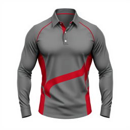 A long-sleeve collared sports shirt with an elegant sporty design, featuring a sleek gray and red color scheme