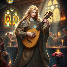 A charismatic male Aasimar bard from Dungeons & Dragons, exuding an aura of celestial grace and charm