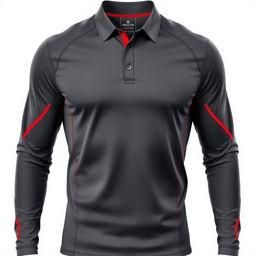 A long-sleeve collared sports shirt with an elegant sporty design, featuring a sleek gray and red color scheme