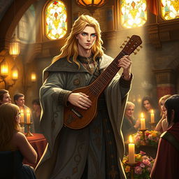 A charismatic male Aasimar bard from Dungeons & Dragons, exuding an aura of celestial grace and charm