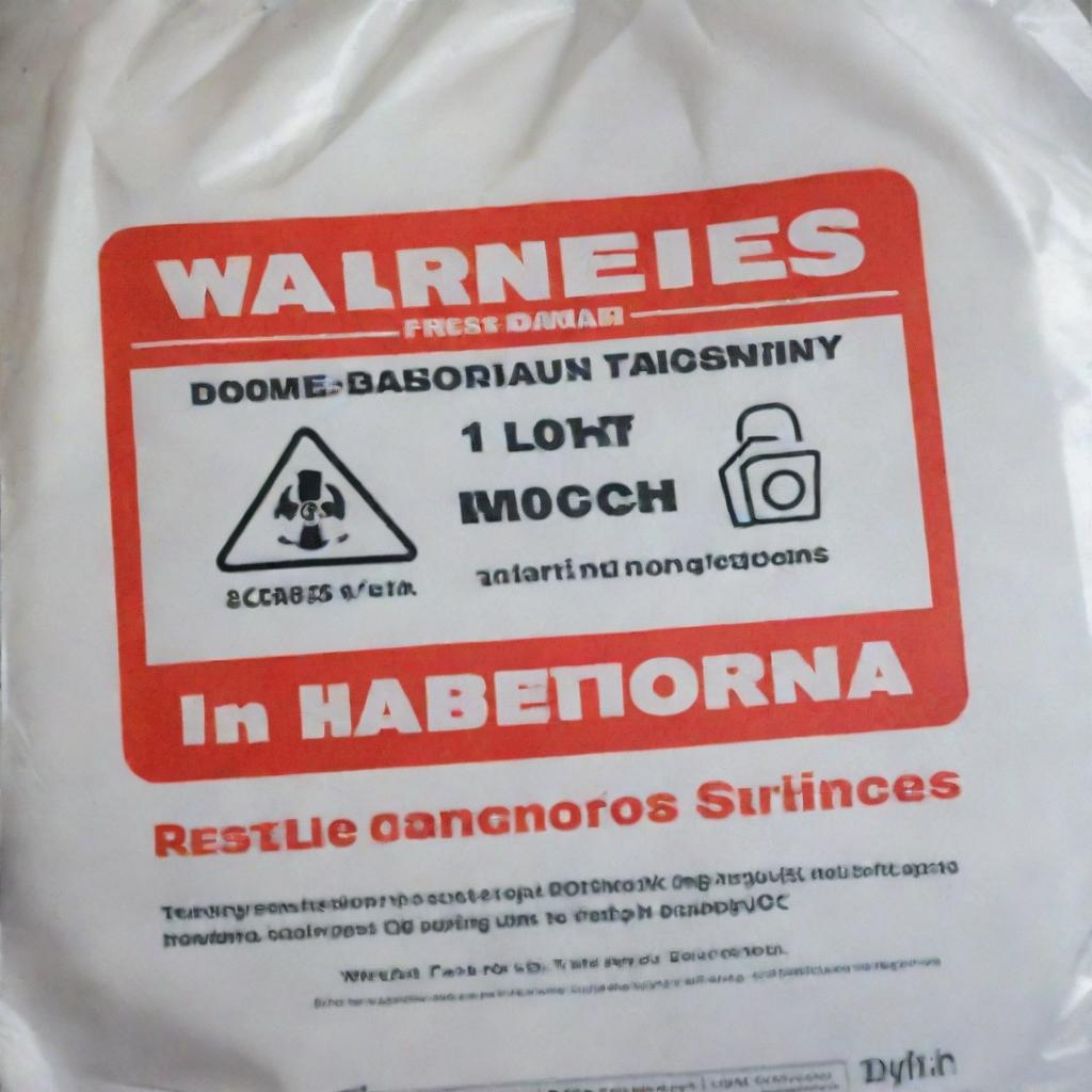 A detailed image of a plastic bag with clear hazard warning symbols and texts commonly associated with dangerous substances