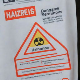 A detailed image of a plastic bag with clear hazard warning symbols and texts commonly associated with dangerous substances