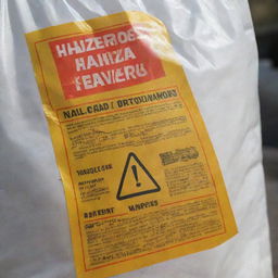 A detailed image of a plastic bag with clear hazard warning symbols and texts commonly associated with dangerous substances