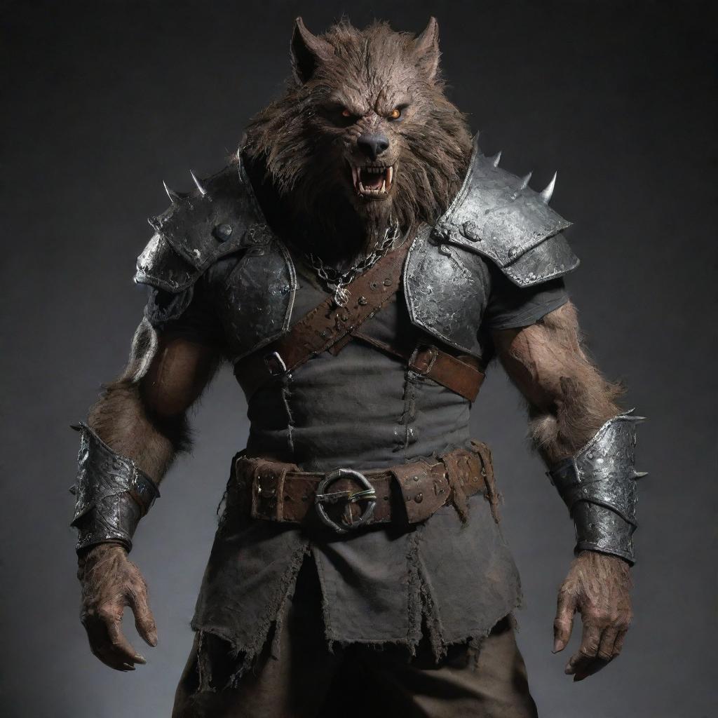 Add an accessory to the werewolf, a rugged cloth fastened around its waist. This piece contrasts with the heavy metal armor, adding depth to the creature's layered appearance.