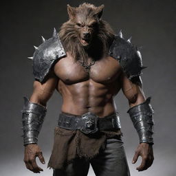 Add an accessory to the werewolf, a rugged cloth fastened around its waist. This piece contrasts with the heavy metal armor, adding depth to the creature's layered appearance.