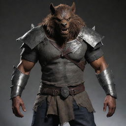 Add an accessory to the werewolf, a rugged cloth fastened around its waist. This piece contrasts with the heavy metal armor, adding depth to the creature's layered appearance.