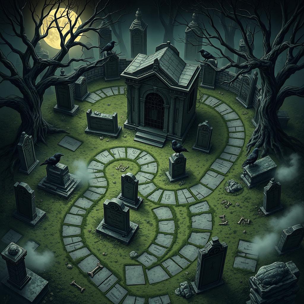 A detailed and atmospheric graveyard map designed for a Dungeons & Dragons adventure