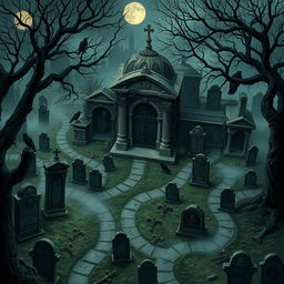 A detailed and atmospheric graveyard map designed for a Dungeons & Dragons adventure