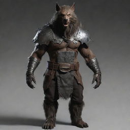 Add an accessory to the werewolf, a rugged cloth fastened around its waist. This piece contrasts with the heavy metal armor, adding depth to the creature's layered appearance.