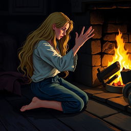 Cenerentola, with long blonde hair, kneeling on the floor, reaching out her hands towards a lit fireplace, trying to warm herself during a dark night