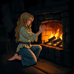 Cenerentola, with long blonde hair, kneeling on the floor, reaching out her hands towards a lit fireplace, trying to warm herself during a dark night