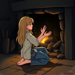 Cenerentola, with long blonde hair, kneeling on the floor, reaching out her hands towards a lit fireplace, trying to warm herself during a dark night